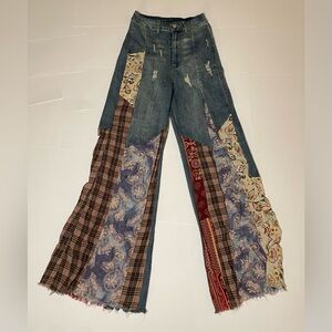 Jaded Gypsy, Ursime Vintage Denim Boho Patchwork Button High Waist Leg Jeans